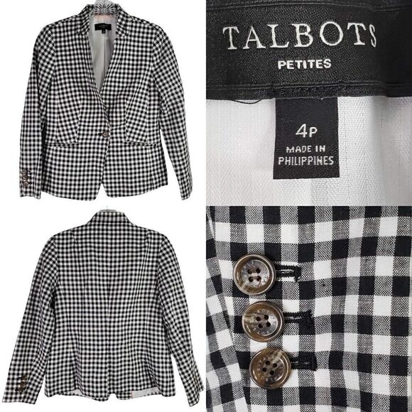 Talbots Blazer Women's Size 4 P Petite Black White Gingham Linen Jacket - Picture 1 of 12